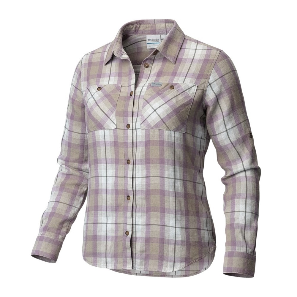 Columbia Plaid Button Up Shirt M Purple Hiking Outdoor Flannel Lightweight